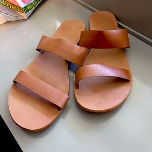 Prettylittlething slip on brown strip sandals wide fit